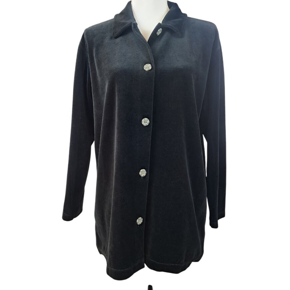LIZ CLAIBORNE‎ M LizSport Black Velour Tunic Shirt Button Down Long Sleeve